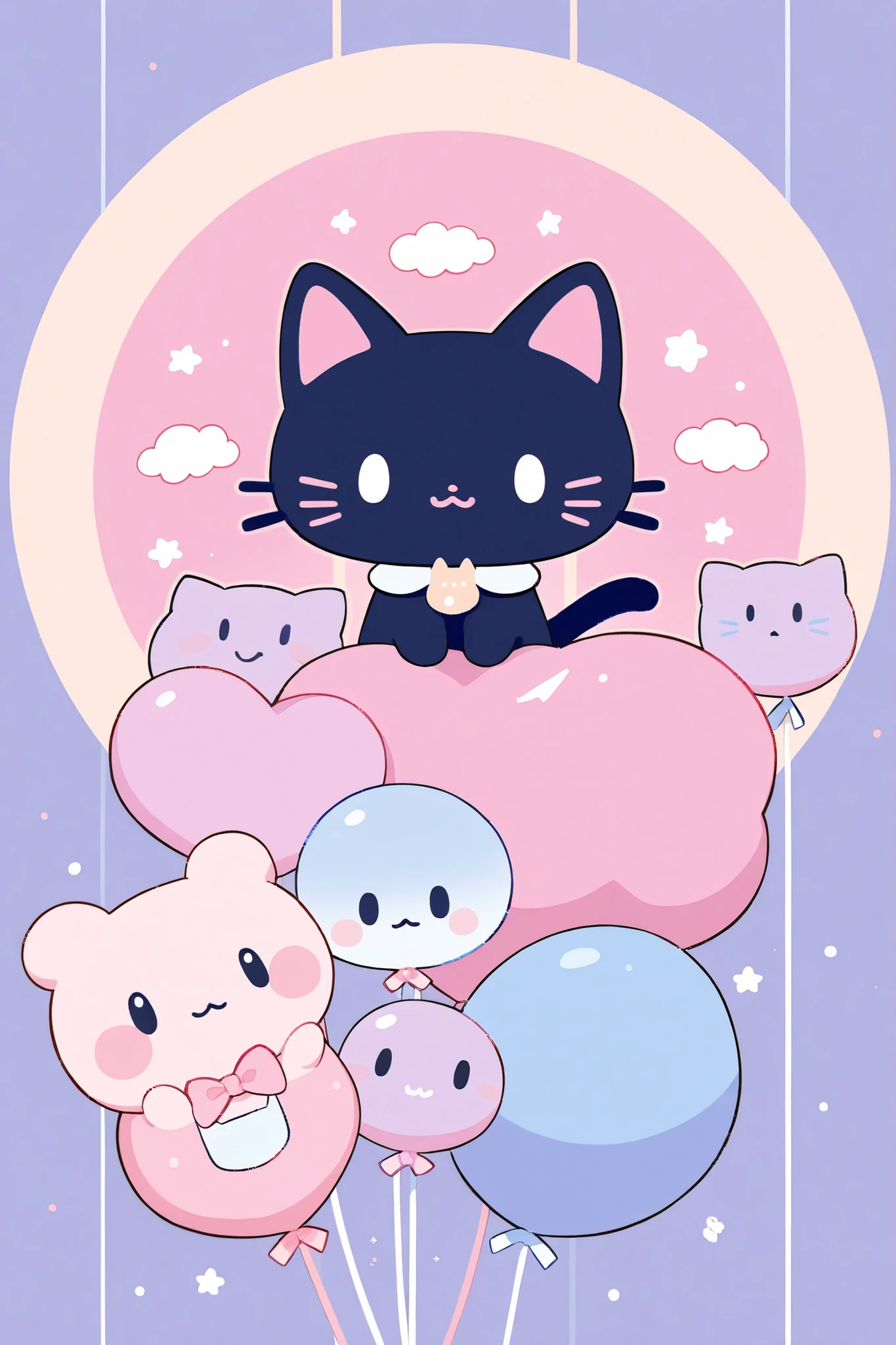 (Absurdres:1.2), best quality, exquisitely detailed illustration of an adorable sanrio style black kitten, pastel color palette, volumetric lighting, 8k resolution,