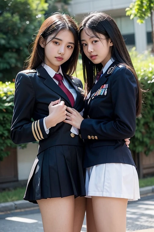A boy, with short black hair, next to a girl with long hair, They are 17 years old and in uniform, one in front of the other looking at each other, Serious, A short distance away 