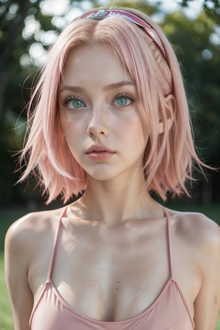 young woman, short shoulder-length pink hair, wide forehead, porcelain skin, pink eyebrows, big emerald green eyes, buttoned nose, full lips, heart-shaped face, slender body, small breasts, red tank top, Sakura Haruno , realistic, realism, details, 3d, well detailed