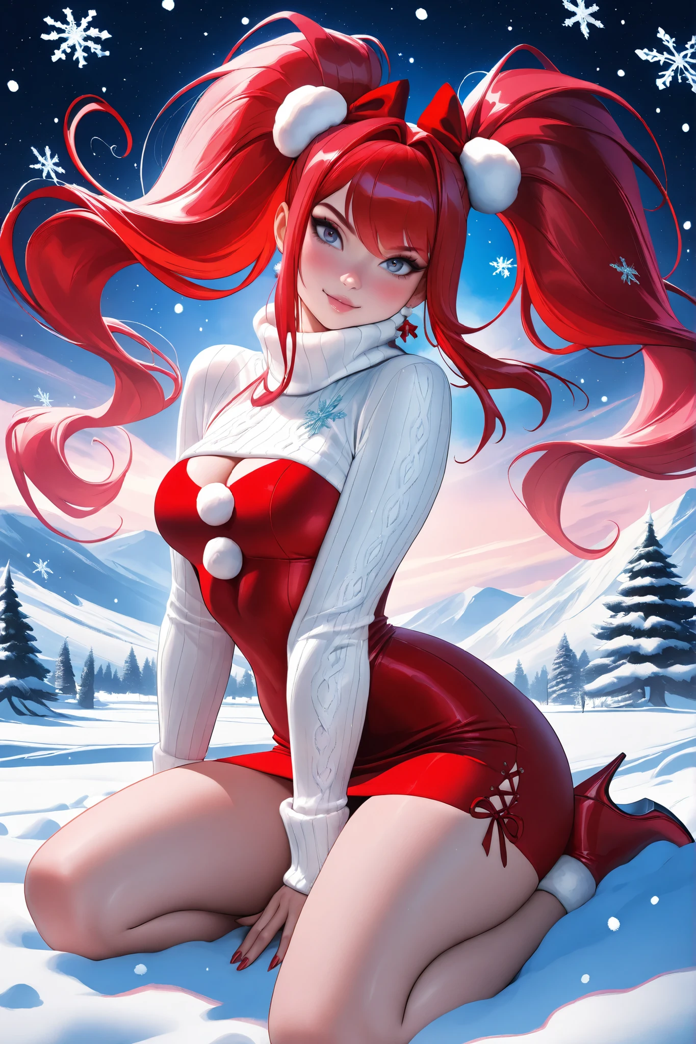 Woman, red hair, blue eyes, red lipstick, perfect face perfect shape Put on a Santa hat Seductive Christmas backdrop, standing with head bowed in the snow. Maximum details Highest quality 8k