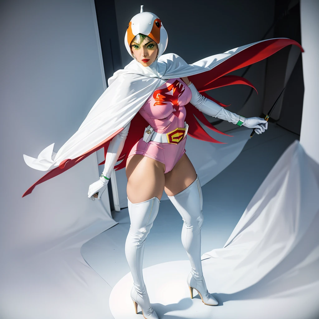 ANI_CLASSIC_jun_gatchaman_ownwaifu,1girl, 17yo,good anatomy, masterpiece, best quality,realistic, hyper realistic, 16k hdr, long hair,breasts,lips,large breasts,lipstick,makeup,gloves,cape,helmet,belt,elbow gloves,white gloves,mask,ultra miniskirt,leotard,spacesuit,white tight overknee highheels boots,pink dress,superhero,bodysuit,cleavage,erected nipples,(stand pose,hands on hip),(spread legs:1.1)