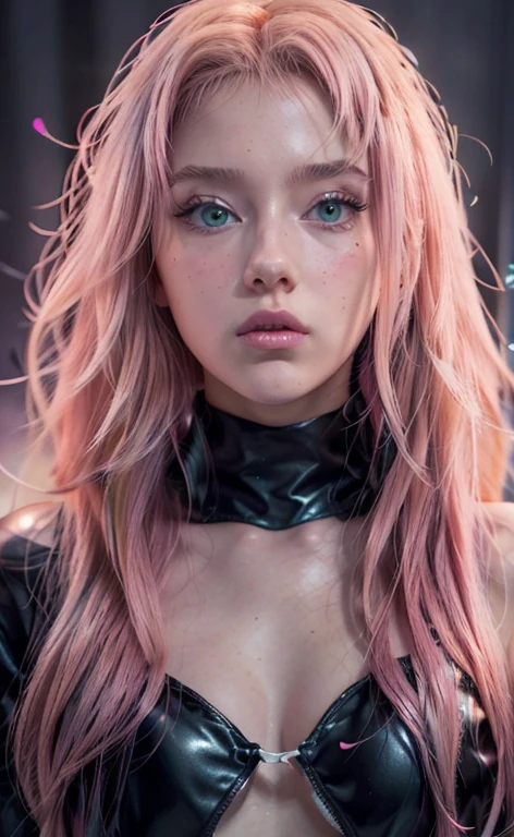 young woman, pale skin, short bubblegum pink hair, wide forehead, emerald green eyes, buttoned nose, peach lips, heart-shaped face, slender, red clothes, Sakura Haruno, 3d, realism, angelic face, maya in net