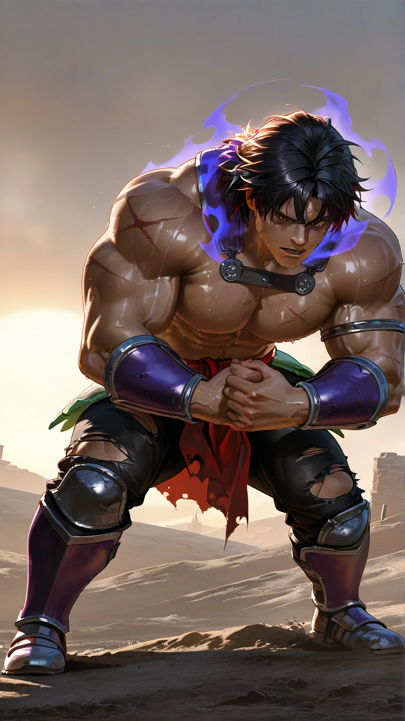 (8k,photorrealistic　RAW photograph　Maximum quality;1.4) (1 African boy) Super handsome king of the underworld　(lifelike face) 　(curly black hair,  hair combed to the side)　slenderbody　Muscular and macho　big pink eyes　Metallic red aristocratic suit　Rainbow decoration　Fangs peeking out of the mouth　Pointed claws　a seductive gaze　Beautiful expression　A hyper-realistic　(King of the Underworld)　appealing　(real looking skin)　super high resolution　high détail　Luxury red metallic pants　Rainbow aura emanating from the body　effect　red metallic cover 