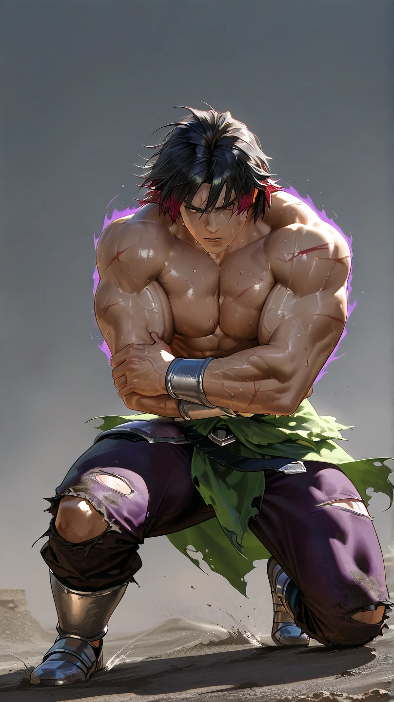son goku, 1boy, closed mouth, male focus, muscular, muscular male, rock, sash, serious, solo, spiked hair, topless male, torn clothes, ultra instinct, black eyes, black hair, ((masterpiece))