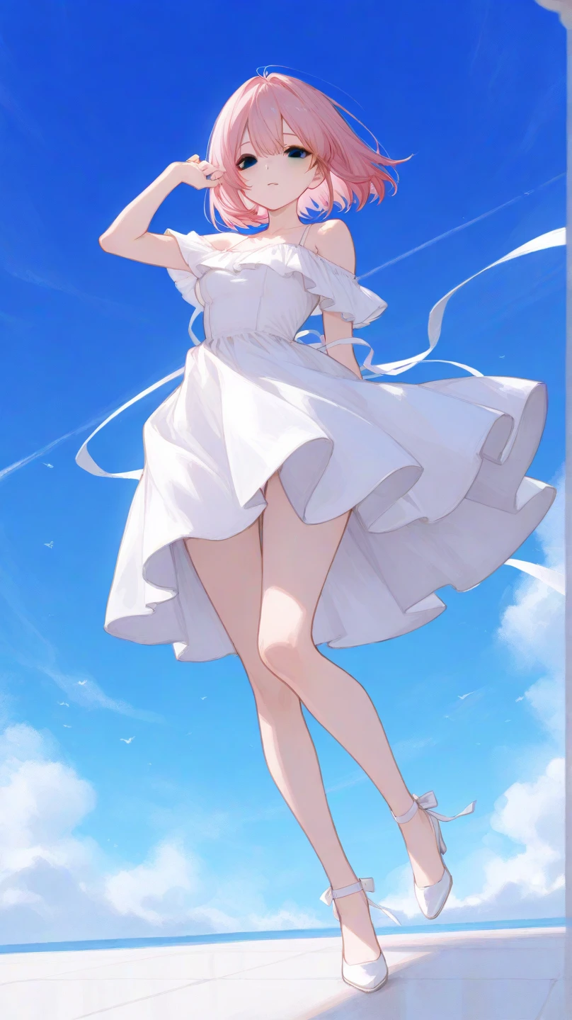 1girl, solo, full body portrait, white camisole vest, high heels, yoga suit, black silk, masterpiece, best quality, realistic, super detailed, (shiny skin, sweating: 1.4), looking at the audience, light blue short hair, red eyes, slender, dynamic light and shadow, high resolution, sharp focus, depth of field, fine eyes, pupil sharp, pupil realistic, (C cup: 1.2), (skin white: 2.0), (long legs: 1.8), (clothes transparent: 1.5), outdoor, sky
