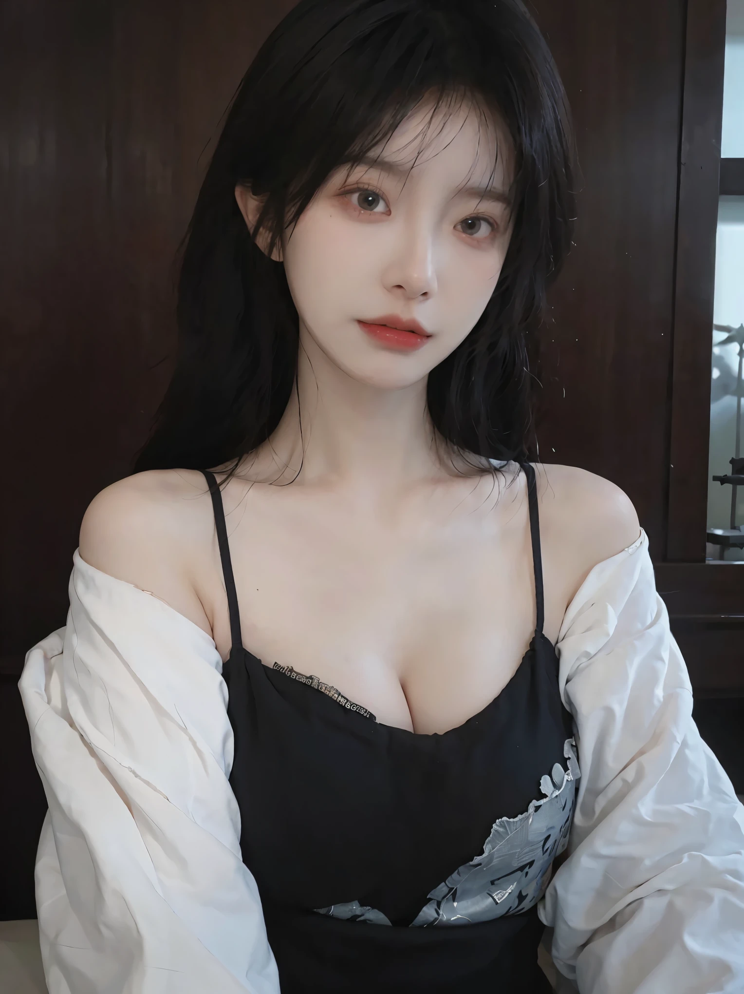 best quality, ultra high resolution, (realistically:1.4),cute hairpin,Baoyu Girl,Standing in the wedding hall,(flat chest:1.2) ,A pair of clear and charming peach blossom eyes,Royal sister,The sun shines on the face,Big wavy hairstyle,(necklace:1.2),(White skin:1.4),a sense of atmosphere,a beautiful girl,looking directly at the viewer, Close-up cleavage ,(lifelike:1.4),1 girl,Sexy,(Upper body:1.4),(wet),(:1.2)