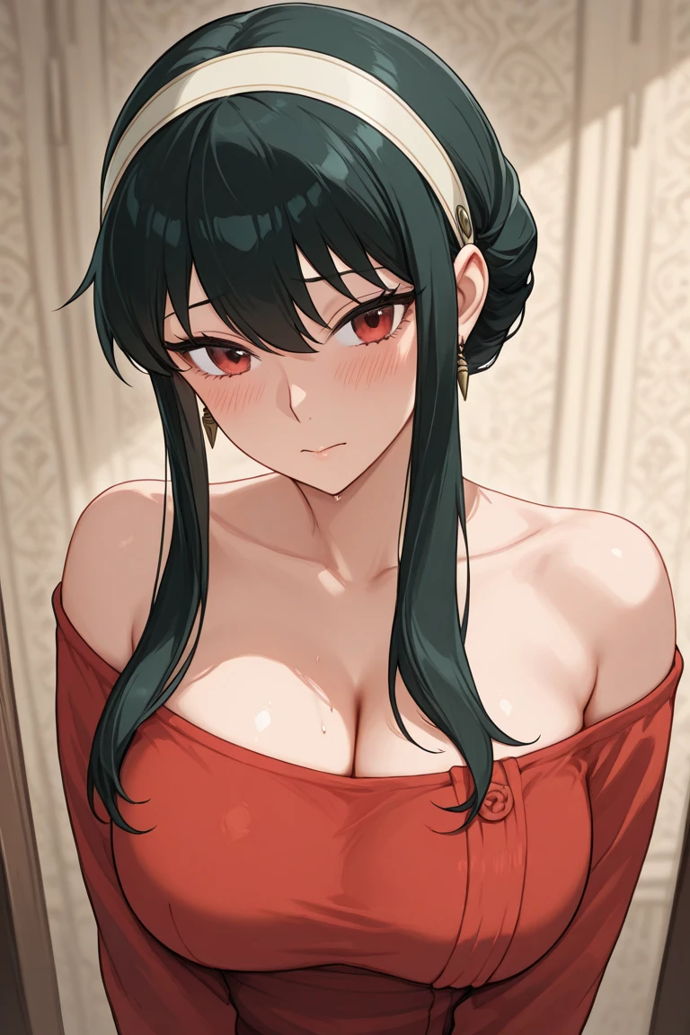 Sexy woman, black hair in a bun, long forehead, seductive eyes, medium nose, perfect pink lips seductively parted, deep blush, flustered, beautiful long neck, collarbone, medium chest, cleavage, long red floral dress, bedroom, stripping, exposing her black bra and bare shoulders