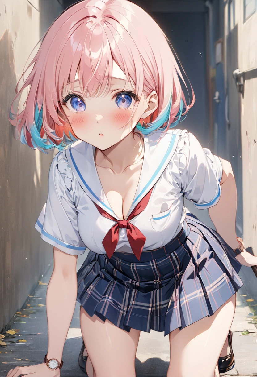 nsfw,1 girl,,peti(Huge breasts:1.6),short hair,shining eyes,(blush:1.5),(embarrassed:1.5),(surprised:1.3),(happy:1.5),looking at viewer,wet,(see through:1.3),(white sailor uniform:1.6),(see through:1.5),(white pleated very short pleated miniskirt:1.6),(clothes lift:1.7),g-string,kyriedef, hair over one eye,(spread legs open wide:1.6),(all fours:1.8),classroom,Realistic,High-definition,