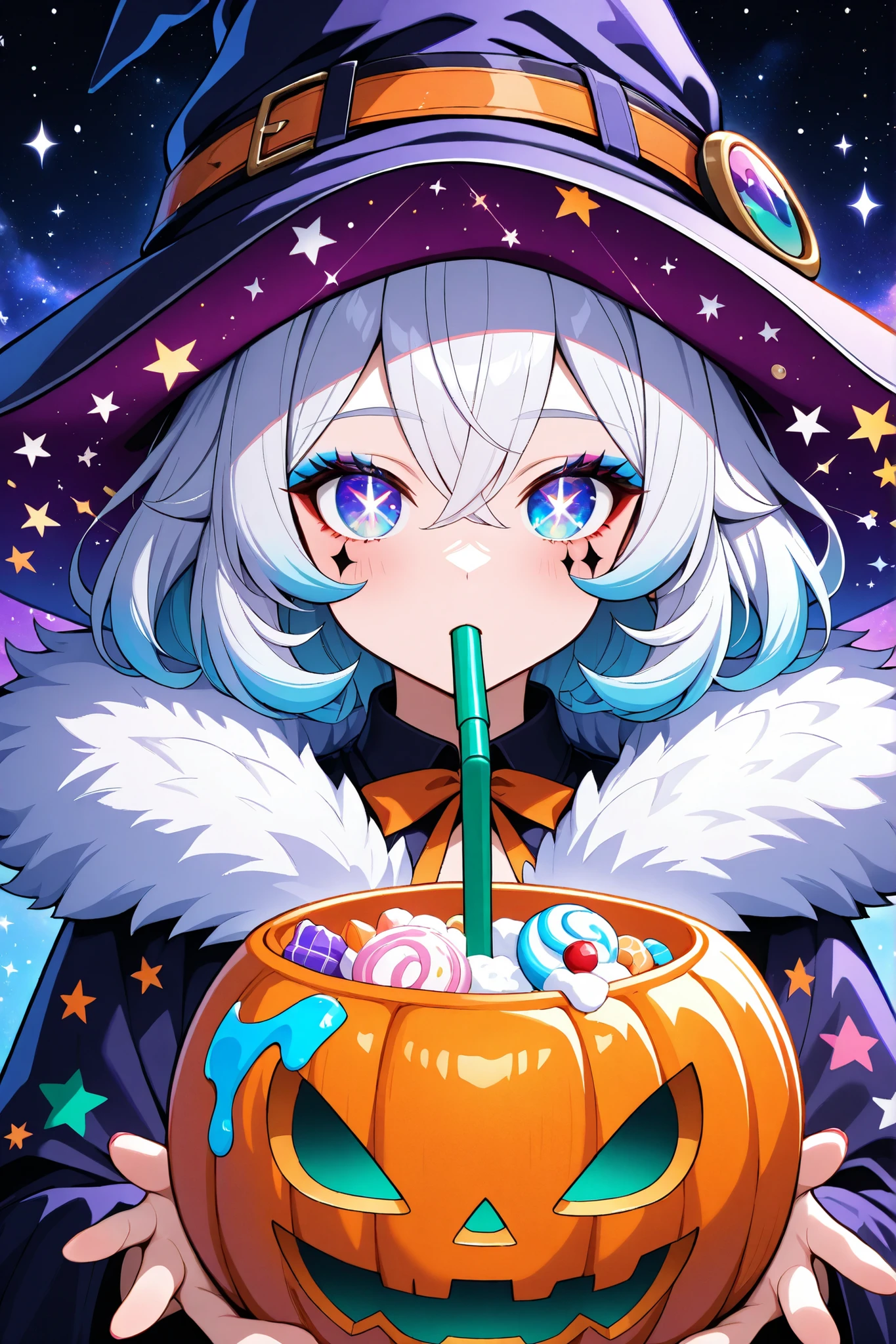 masterpiece, best quality, amazing quality, 8k, high resolution, 1girl, A vibrant, stylized digital illustration of a doll-like witch, featuring a multicolored, fluffy wig, large anime-style eyes with galaxy patterns, elaborate Halloween-themed makeup, and a drinking straw in her mouth, all in a fantasy style filled with vibrant colors and textured details. A brightly colored cup with a design relating to Halloween is in her hand.