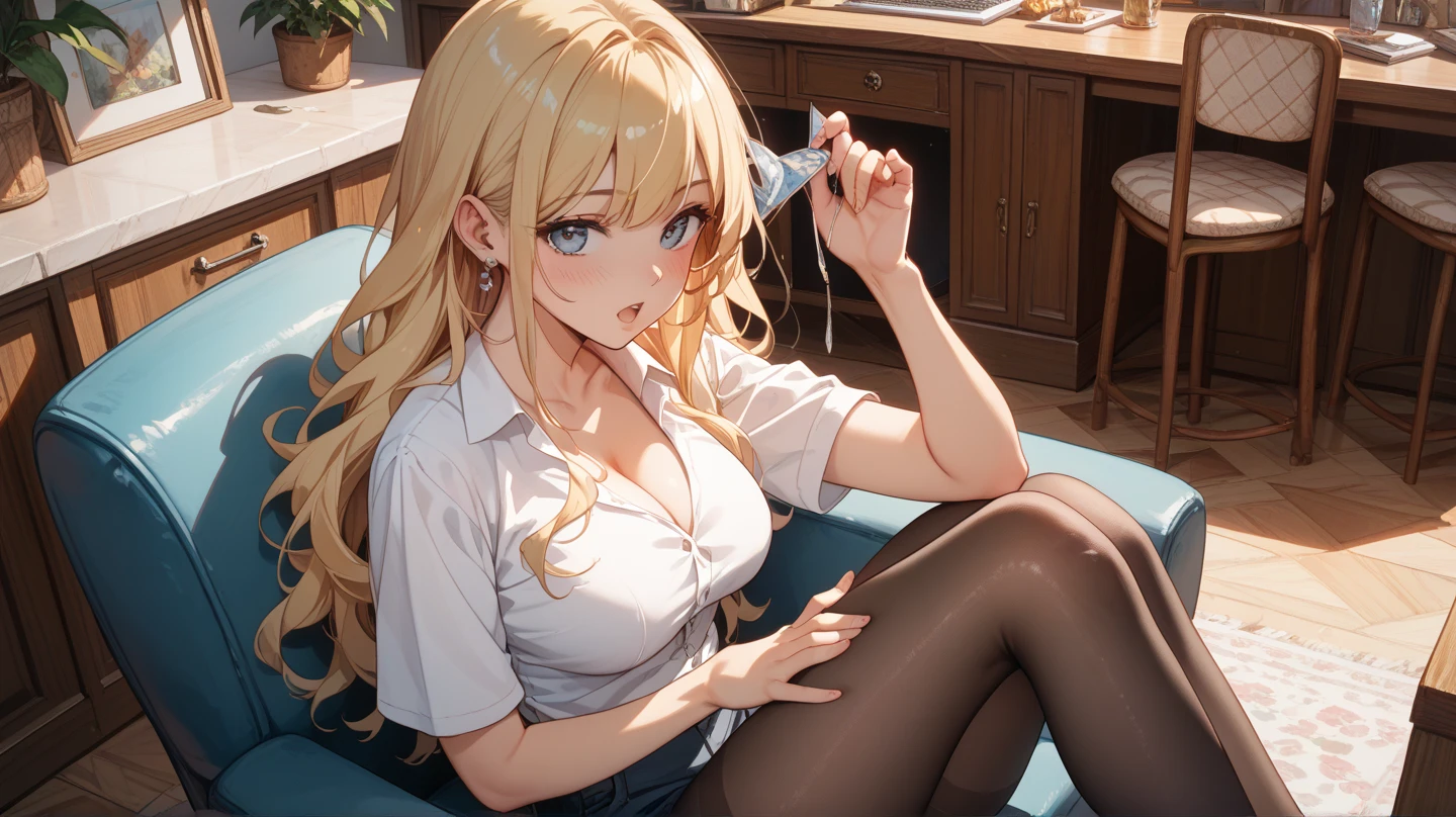 1 woman, blonde, strapless camisole top, high waist mini shorts, on a seat, indoor, facing viewer, sitting pose, close up,
