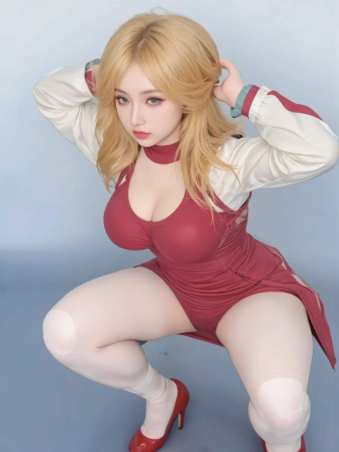 1girl,solo,medium breasts,outdoors,(full body:1.2),squatting cowgirl position,(spread legs:1.1),fishnet pantyhose,fake animal ears,fur trim,, (masterpiece, best quality, hires, high resolution:1.2), (extremely detailed, realistic, intricate details, highres), 3d, cg,  bbw, shiny skin, , blush,, eyeliner, eyeshadow, eyelashes,, (gigantic breasts, saggy breasts:1.1), (cinematic lighting, sunlight, volumetric), looking at viewer, simple red background, vintage fantasy, 1960s \(style\), film grain,NSFW:1.4