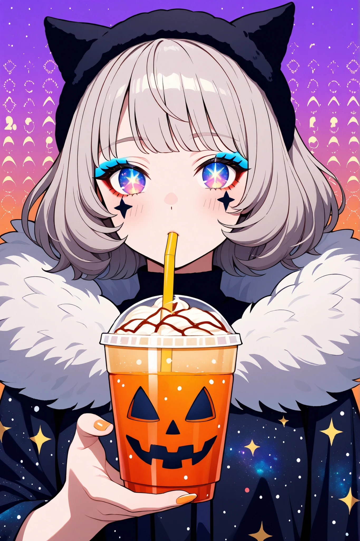 masterpiece, best quality, amazing quality, 8k, high resolution, 1girl, A vibrant, stylized digital illustration of a doll-like witch, featuring a multicolored, fluffy wig, large anime-style eyes with galaxy patterns, elaborate Halloween-themed makeup, and a drinking straw in her mouth, all in a fantasy style filled with vibrant colors and textured details. A brightly colored cup with a design relating to Halloween is in her hand.