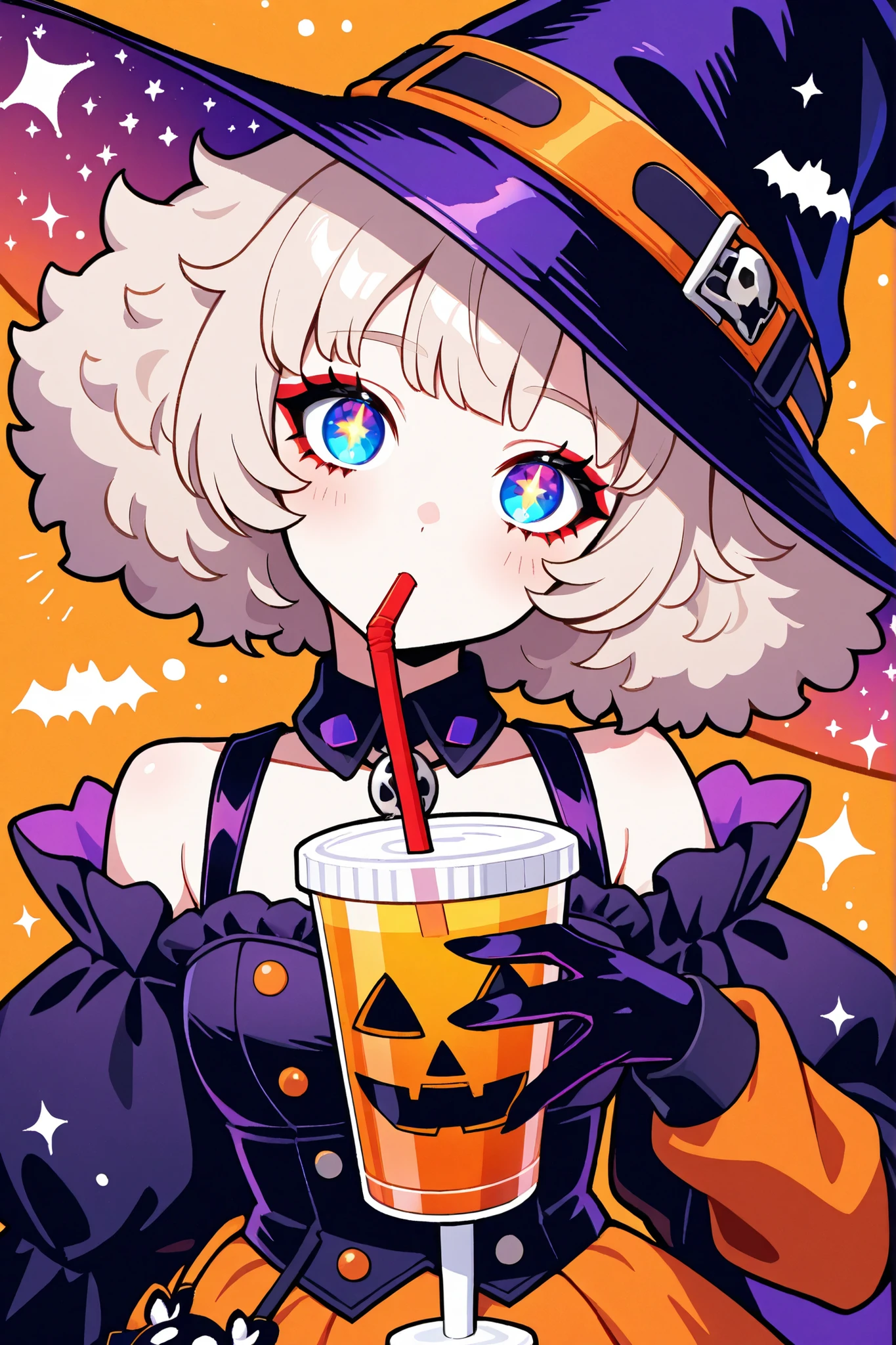 masterpiece, best quality, amazing quality, 8k, high resolution, 1girl, A vibrant, stylized digital illustration of a doll-like witch, featuring a multicolored, fluffy wig, large anime-style eyes with galaxy patterns, elaborate Halloween-themed makeup, and a drinking straw in her mouth, all in a fantasy style filled with vibrant colors and textured details. A brightly colored cup with a design relating to Halloween is in her hand.
