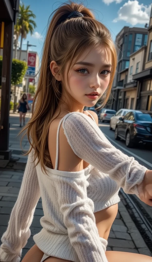 ((Best quality, 4K, high resolution, full-body showcase, show full-body)), (ultra-detailed, photo-realistic:1.37), (ultra-detailed, photo-realistic:1.37),Thin thighs,Long legs,(A very cute 20 year old young woman from Japan.), ((Fine hair that is somewhere between brown and blonde)), ((Short hair with messy side waves)),Medium bust size､Small Tits､ (((Clean your hands)))，(Curly Hair)，(((A very kind smile))), (((She is wearing black lace panties)))，(((Wearing a light blue knit dress, But it is&#39;turned over by her hand.)))，(((She is wearing a light blue knit dress.。))) ((Highest quality, 16K, Tabletop: 1.3)), Light on the face, Ultra detailed face, Highly detailed lips, Fine grain, City Street，Angle from below:1.5