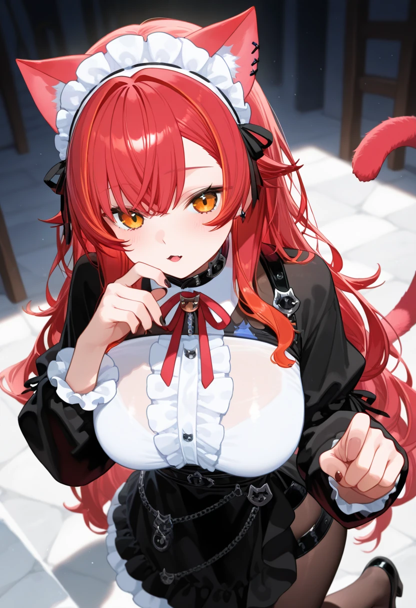 "Epic dark atmosphere, stunning 4k artwork featuring a mature woman with confident long orange hair and cats ear, she wear white dress and chained on the iron bed, she also blindfolded her eyes"