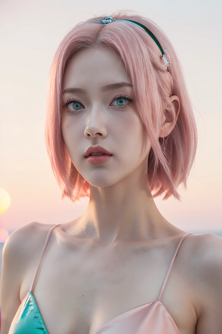 young woman, short shoulder-length pink hair, wide forehead, porcelain skin, pink eyebrows, big emerald green eyes, buttoned nose, full lips, heart-shaped face, slender body, small breasts, red tank top, Sakura Haruno , realistic, realism, details, 3d, well detailed