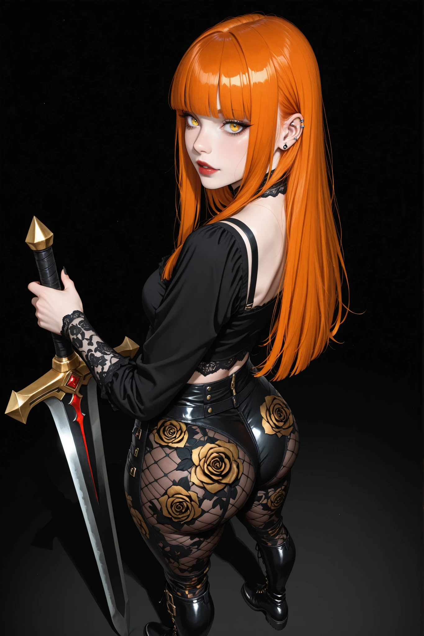 1girl, vampire, standing, segmented blade sword, fair skin, cropped lace gothic top, piercings, beautifully detailed gold eyes, long thick orange hair, hime cut,looking back at viewer, thick thighs, leather mesh gothic rose print pants, long ornate boots, BREAK (absurdres, highly-detailed, best quality, masterpiece, very aesthetic,:0.3) perspective, dutch angle, from above, black background