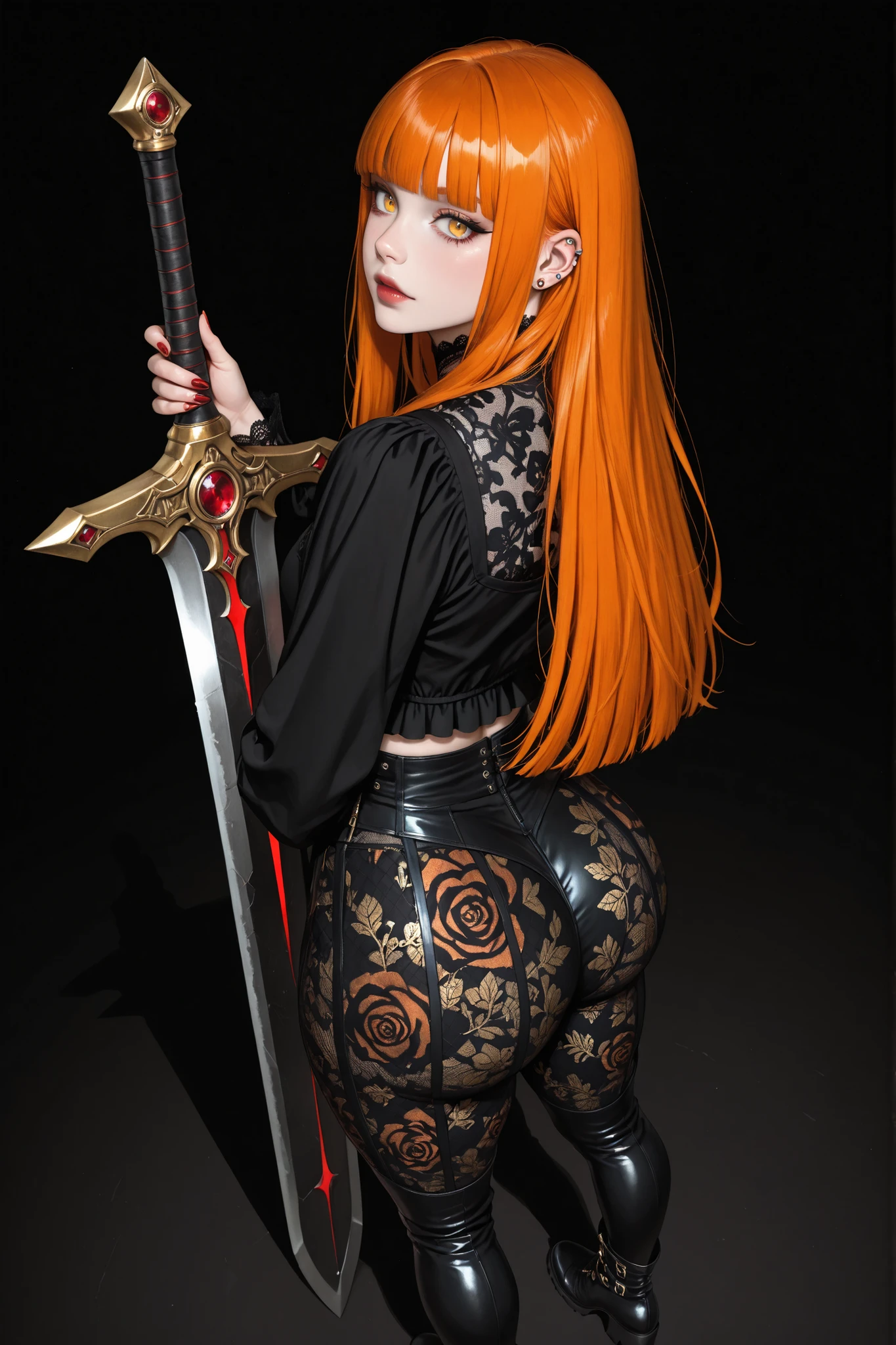1girl, vampire, standing, segmented blade sword, fair skin, cropped lace gothic top, piercings, beautifully detailed gold eyes, long thick orange hair, hime cut,looking back at viewer, thick thighs, leather mesh gothic rose print pants, long ornate boots, BREAK (absurdres, highly-detailed, best quality, masterpiece, very aesthetic,:0.3) perspective, dutch angle, from above, black background