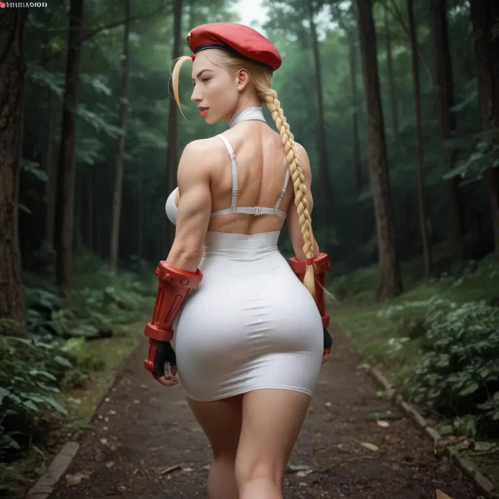 1girl, (Blue eyes), (Sana Minatozaki), (beautiful makeup :1.2), wide hips, Big tits, big ass, (Best Quality, 8k, Masterpiece: 1.3), Clear Focus: 1.2, Perfect Body Beauty: 1.4, Slender Abs, Highly detailed face and skin texture, detailed eyes, double eyelids, red lips, (blonde long twin braids hair :1.2), Cammy White \(Street Fighter\), long twin braids, green leotard, chest harness, boots, red beret, sleeveless, (standing), (look back :1.1), (view from back :1.2), city at night, alley at night