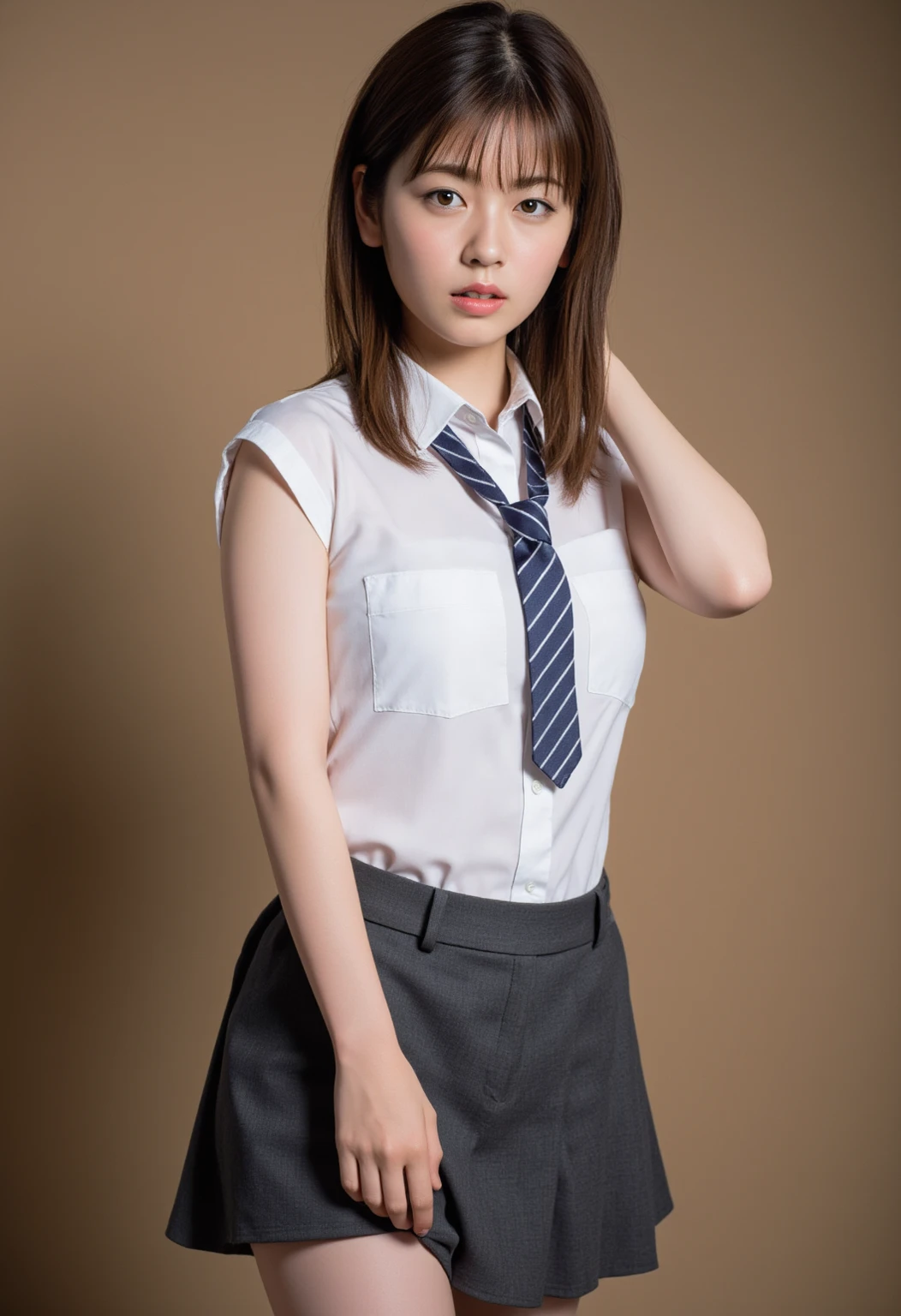 ((highest quality, masterpiece :1.3)), Photorealistic、Ultra-high resolution、Natural skin texture、Hyperrealism、Photograph from the knee up、12 year old beautiful Japanese girl、Short Hairstyles、Large breasts、White collared shirt and tie、mini skirt、Frightened expression