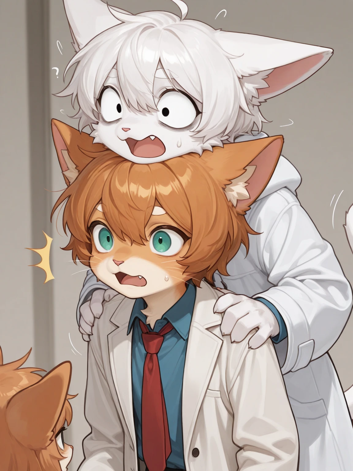 Kemoshota student(surprised, shocked, open mouth) and his teacher(tongue out, drool, tusk, heavy breath), school classroom, after school, dynamic angle, 