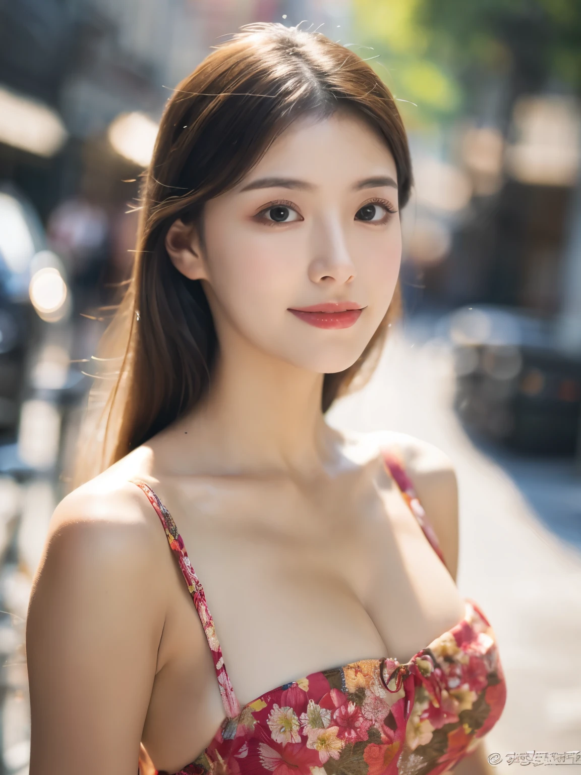 (8k, RAW Photos, highest quality, masterpiece, Realistic, Realistic), (1 female), (The ultimate beautiful middle-aged woman), Highly detailed face, (Perfect Teeth), Beautiful Eyes, double eyelid, eyelash, smile, Lip details, (Neat brunette bob), The light shines on your face, Big Breasts, ((Colorful mini dresses)), (front view), (background: none), Background blur