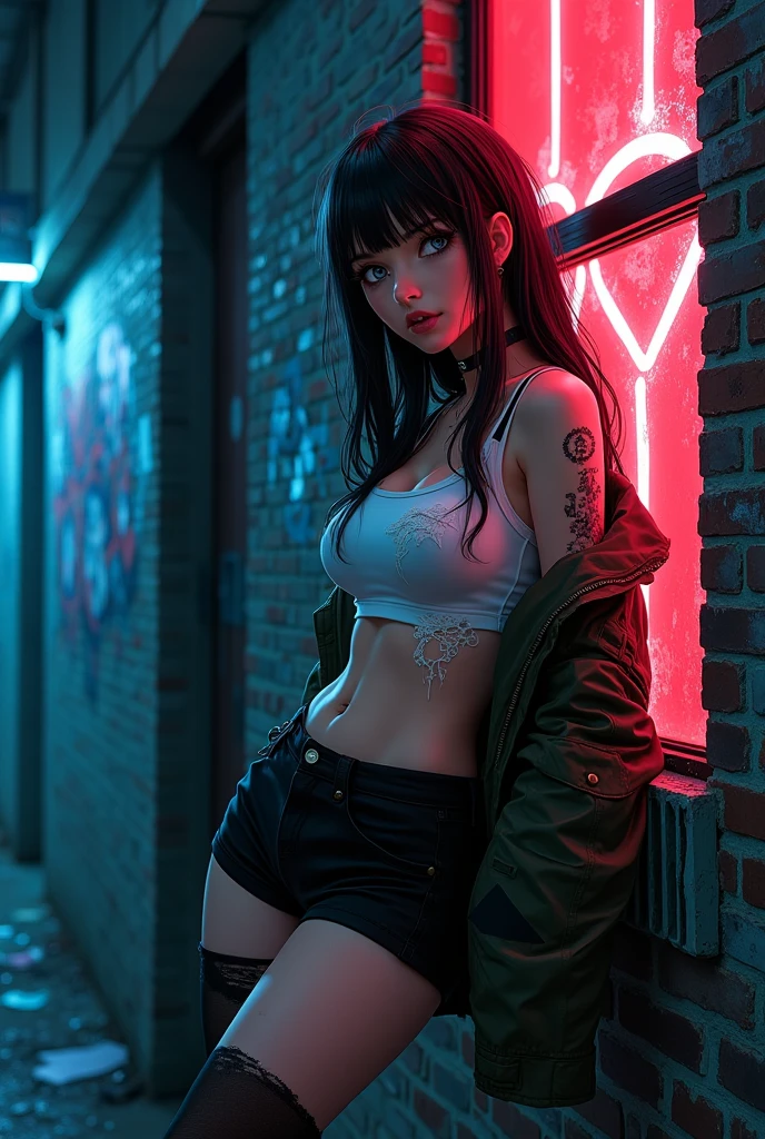 1girl, brunet hair, leather jacket, white crop top, ripped jeans, necklace, sitting, goddess body, exquisite face, jaw-dropping beauty, abandoned room, debris, peeling walls, fluorescent ceiling light, moody atmosphere, grungy setting, ((hyper realistic, detailed, RAW, cinematic lighting, masterpiece, 8K, depth of field, drop shadow, atmospheric, perfect composition)), cyberpunk aesthetic, indoor scene, dilapidated interior, intense gaze, edgy style
