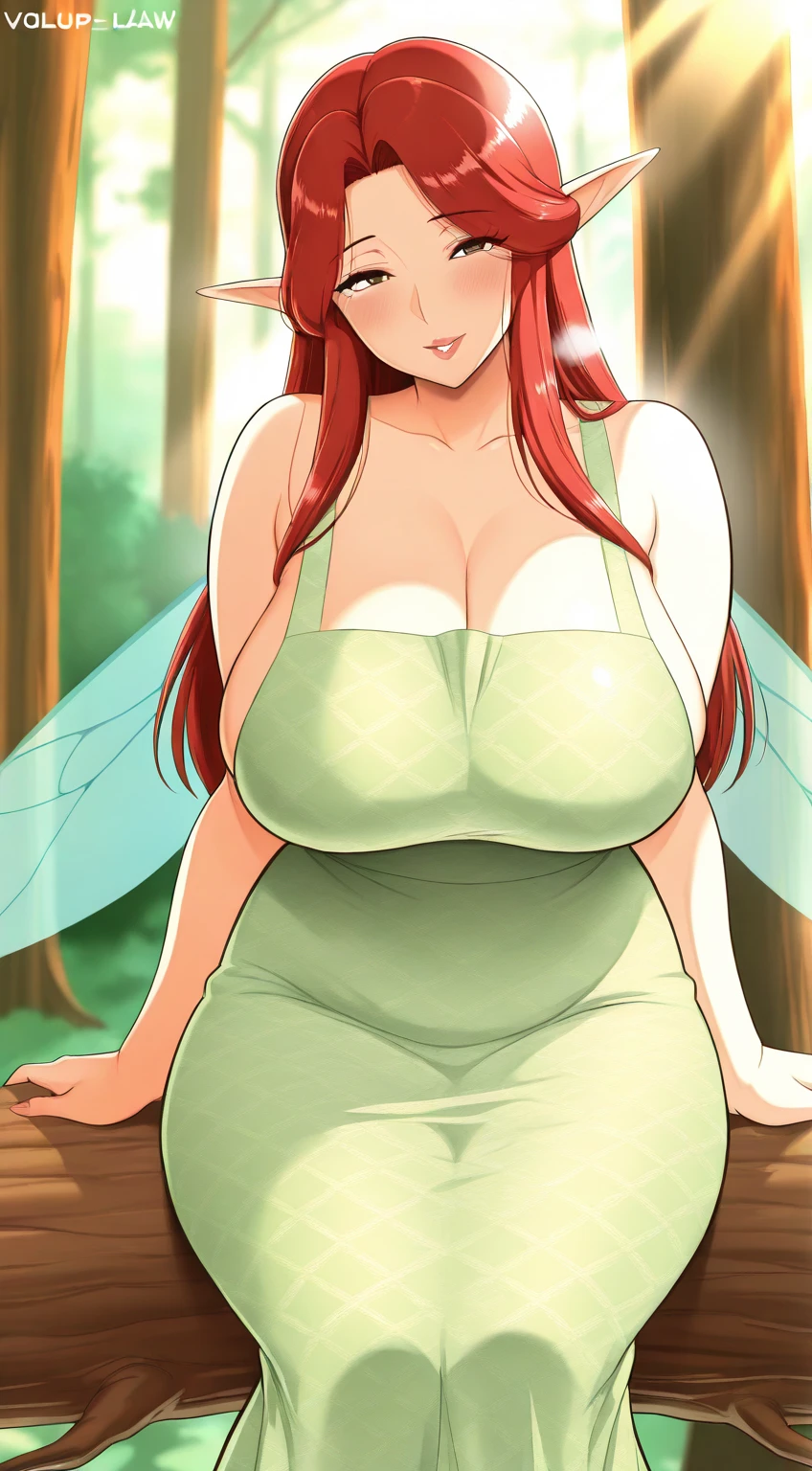 masterpiece, best quality, ultra-detailed, Bloom, milf, mature face, tall, thick, orange hair, blue eyes, bangs, long hair, fairy outfit, blue croptop, sleeveless, blue skirt, sparkling clothing, fairy wings, tiara, standing, smile, in the forest, cowboy shot, realistic, volumetric lighting, intricate details, tonemapping, sharp focus, hyper detailed, Hot cleavage, (((gigantic breasts)))