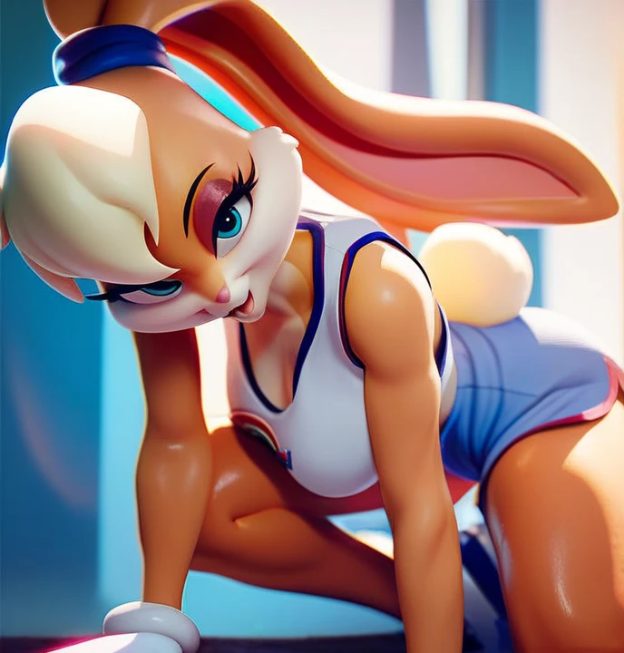 Lola bunny semideesnuda con una camisa que se le transluce sus pechos, se le ven los pechos,. Se le ven los Pezones, translucent shirt,, camisa abierta, camisa transparente, piernas abiertas, con las piernas abiertas,