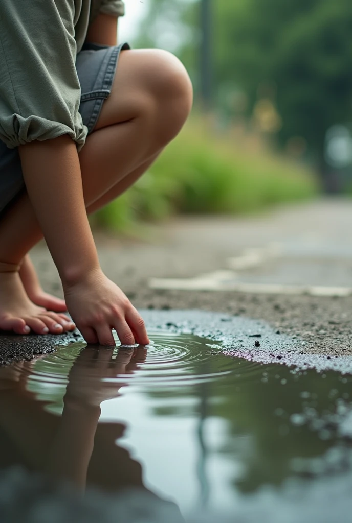 A six-year-old boy walks barefoot on grass,Shota,sludgy,footprints,fat guy,Stepping on,The soles of the feet face forward,bareness