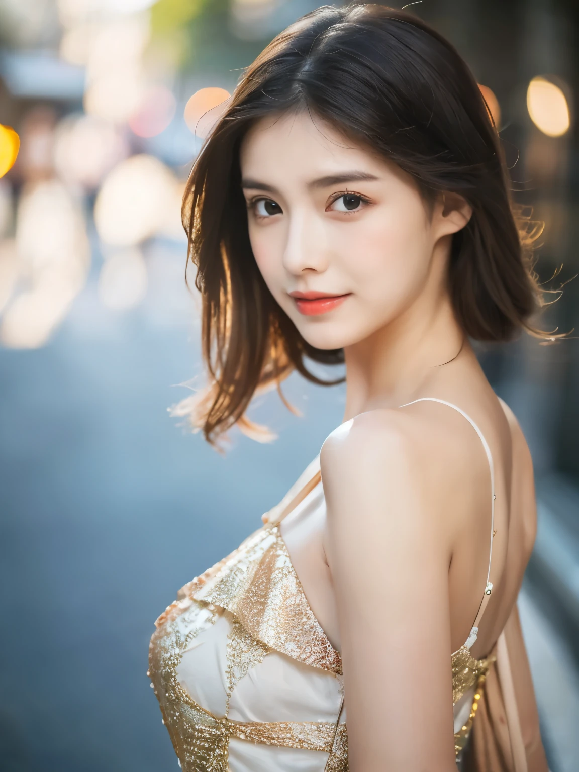 ((Best quality, 8k, masterpiece:1.3)),1girl,1,Asian,Real texture:1.3,(Background blur:1.1),Dress,Sweating,Wet hair,Tall and slender figure:1.2,(Hot summer weather),(street:1.3),Highly detailed face and skin textures,Exquisite eyes,Long eyelashes,Double eyelids,Skin Whitening,happy,Various lenses,Beautiful breasts