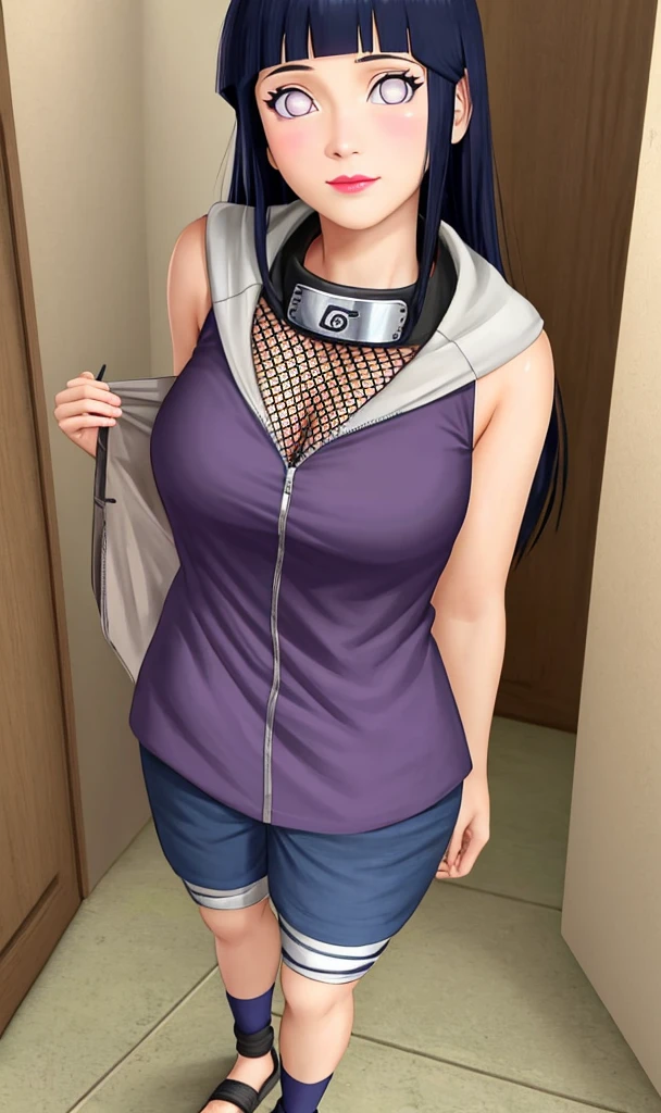 Masterpiece, highres, high Quality, detailed face, detailed body render, 1girl, solo, hyuuga hinata, hinata-sleeveless-outfit, large breasts, big breast, sleeveless shirt, fishnet top, dark lips, unzipped jacket, no bra, breasts out, nipple, standing, blushes, (on bedroom)