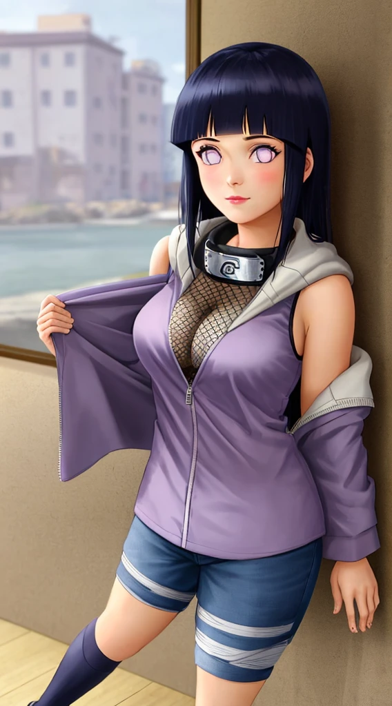 Masterpiece, highres, high Quality, detailed face, detailed body render, 1girl, solo, hyuuga hinata, hinata-sleeveless-outfit, large breasts, big breast, sleeveless shirt, fishnet top, dark lips, unzipped jacket, midriff, navel, no bra, breasts out, nipple, standing, blushes, (on bedroom)