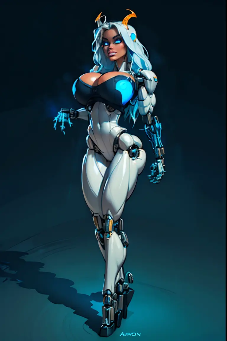 complex 3d render ultra detailed of a beautiful porcelain profile woman android face, cyborg, robotic parts, ((rimmed cybernetic metal horns:1.5)) straight horns going upwards, 150 mm, beautiful studio soft light, ((large mechanical arms:1.6)) rim light, ((gigantic breasts:1.5)) vibrant details, luxurious cyberpunk, lace, ((glowing blue eyes:1.9)), (puffy lips:1.5), hyperrealistic, anatomical, facial muscles, cable electric wires, (metallic abs:1.2)microchip, elegant, beautiful background, octane render, H. R. Giger style, 8k, best quality, masterpiece, illustration, an extremely delicate and beautiful, extremely detailed ,CG ,unity ,wallpaper, (realistic, photo-realistic:1.37),Amazing, finely detail, masterpiece,best quality,official art, extremely detailed CG unity 8k wallpaper, absurdres, incredibly absurdres, robot, silver halmet, full body