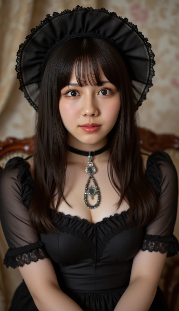 (highest quality,8K,masterpiece),
dressed in gothic fashion, mature woman,
big breasts, alone, maid headdress, black hair, big breasts,
looking at the viewer,
long hair, bangs,
maid, dress,black dress, frills, short sleeve,
Western-style building,