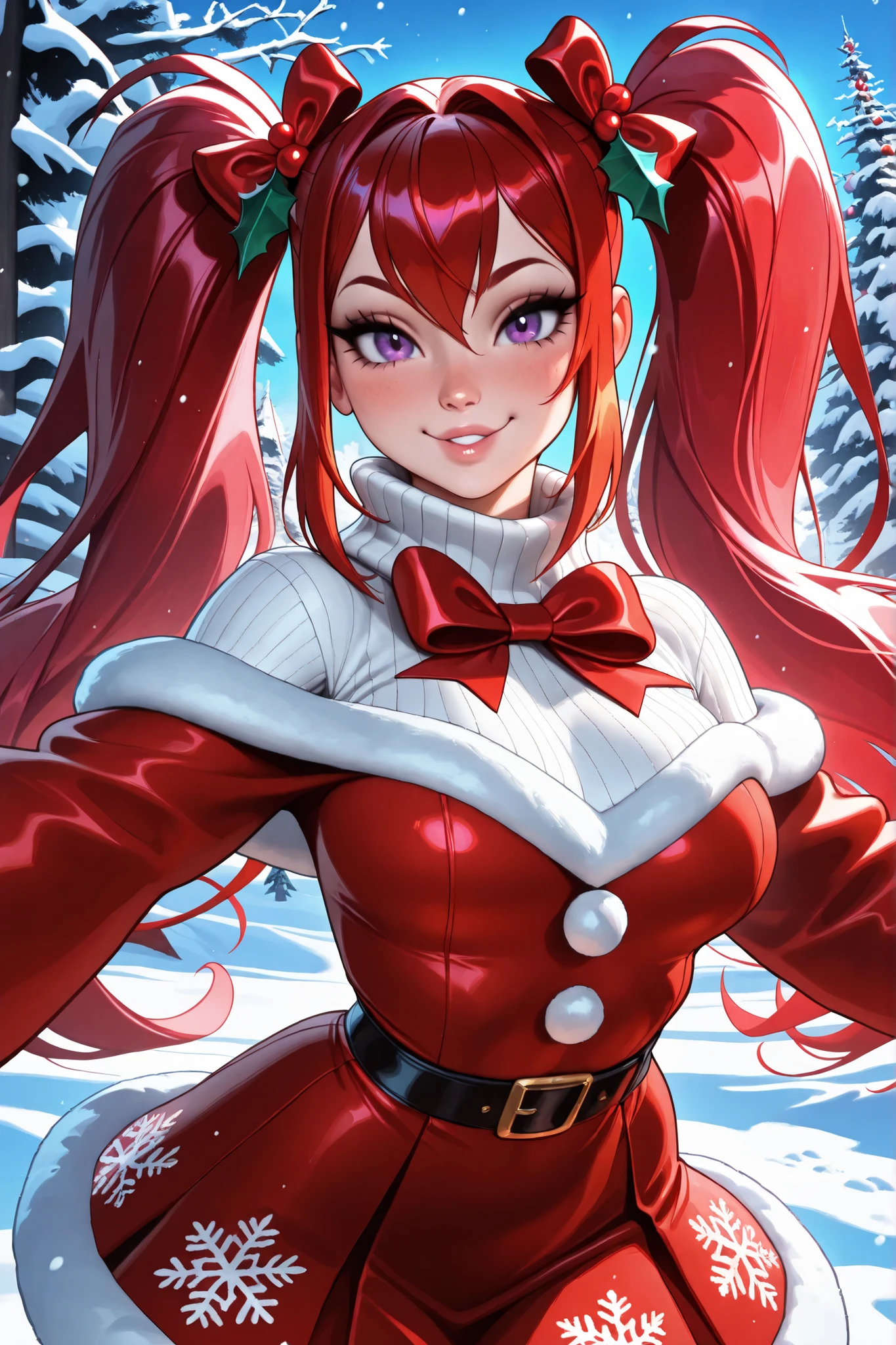 (TangoBat:0.7),(Sakimichan:0.7), A digital illustration of a stylized Christmas-themed Ariel-like character, with vibrant pink/red hair, a detailed white turtleneck sweater with a red Christmas-themed dress featuring snowflake patterns and a red bow, exuding a sweet, festive, and whimsical aesthetic against a soft winter landscape with snow.,masterpiece, best quality,absurdres