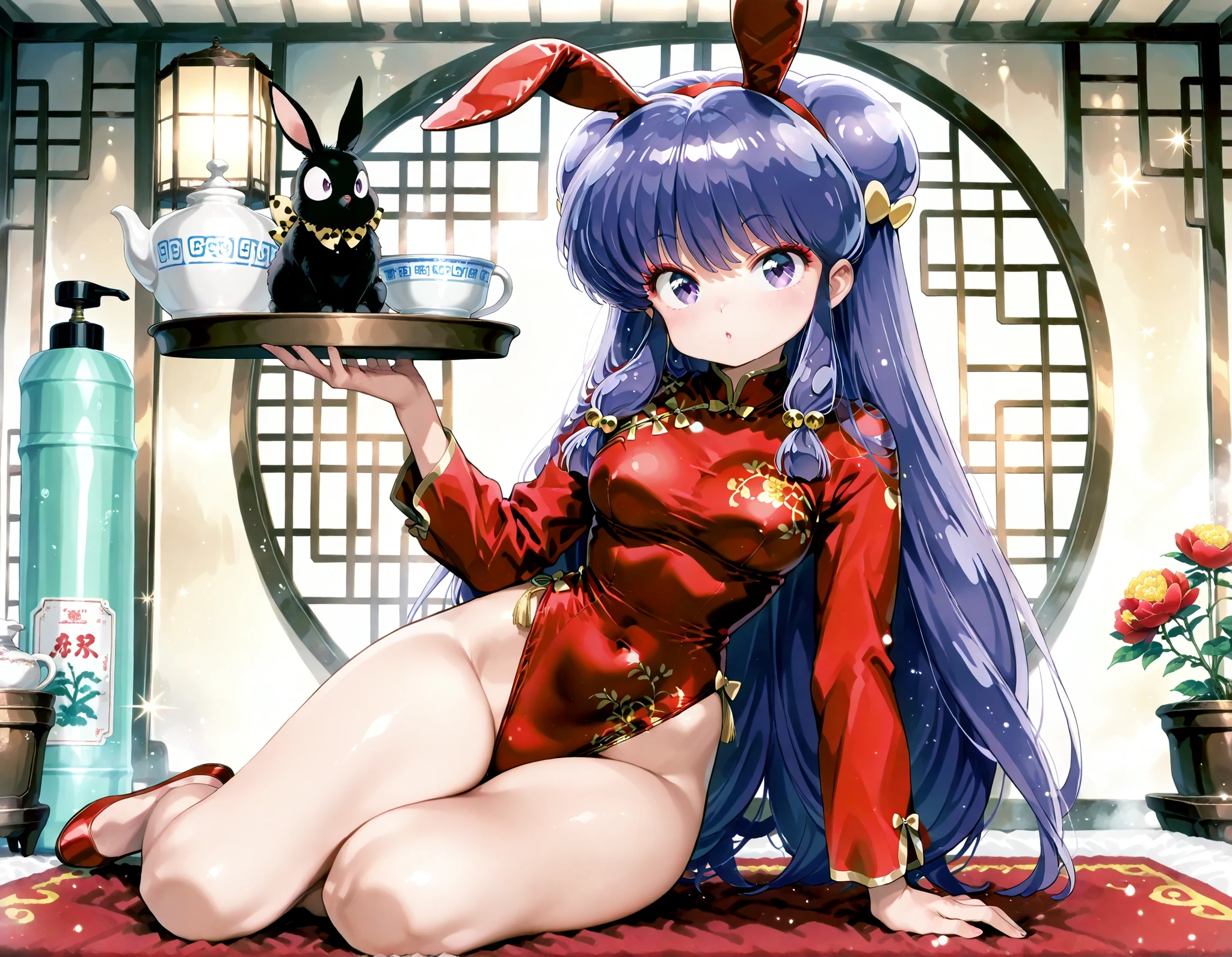 ((a girl)), Masterpiece, Shampoo, Shampoo (ranma 1/2), long hair, hair ornament, purple eyes, by the red, hair bun, Doble bollo, normal breasts, clean the hips, anime screencap,Detailed art style, ,A girl, Bunny girl, headband with black rabbit ears, micro leotard,, Una hermosa chica anime con long hair, violet-blue hair styled in two low braids secured with gold ribbons. His great, deep purple eyes. She wears a Bunny girl outfit inspired by her traditional Chinese dress: a tight red corset with gold floral embroidery, a matching red leotard,, and a mandarin collar with a small gold bow. Instead of the classic white cuffs, wears short red sleeves with gold details. Her signature hair accessories in the shape of a gold sphere remain, along with a pair of black rabbit ears. The bottom is warm and vibrant, with soft lighting and golden sparkles, ( showing legs), (wide legs), (wide hips), (perfect legs) (wide hips), (((full body)))