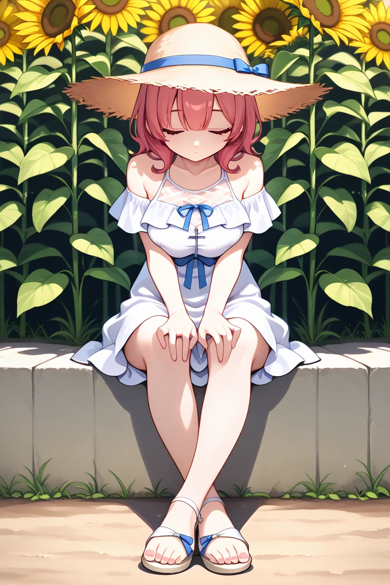chika　takami,Orange Hair,Red eyes,smile,blush,Big straw hat,Orange off-shoulder dress,Bare shoulders,bare clavicle,Bare neck,Short sleeve,Heart-shaped necklace,Long skirt,Cute heeled sandals,Sitting on a bench,,Daytime,Clear skies,whole bodyがイラストに入るように break outdoors, Building district, break looking at viewer, whole body, break (masterpiece:1.2), Highest quality, High resolution, unity 8k wallpaper, (figure:0.8), (Beautiful attention to detail:1.6), Highly detailed face, Perfect lighting, Highly detailed CG, (Perfect hands, Perfect Anatomy),