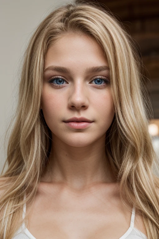 blonde long hair, slightly wavy, naturally blue eyes, 24yo, narrow