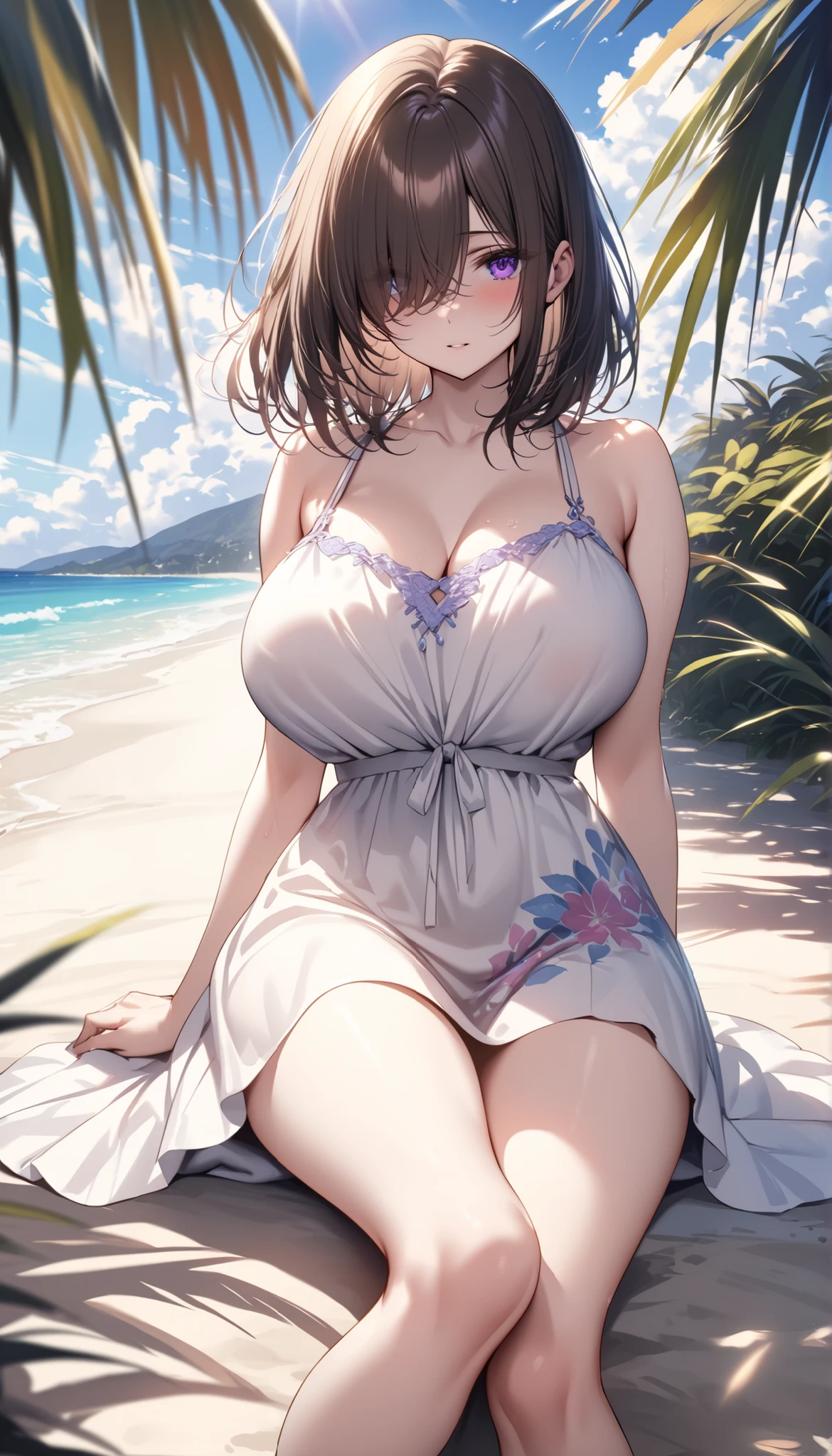 (Browsing Caution)、Beautiful young woman,Perfect body and beautiful big eyes, Perfect slim and thick body, Short wavy hair, hair band, ((naked、Nipplesが見えている))Fun at the beach, Tropical Island, Happy, Smiling Kindly, Open, that'Do it perfectly, Mute Tone, Atmosphere, Clean Lines, Complex, Very detailed, Realistic, 8k、Nipples、
