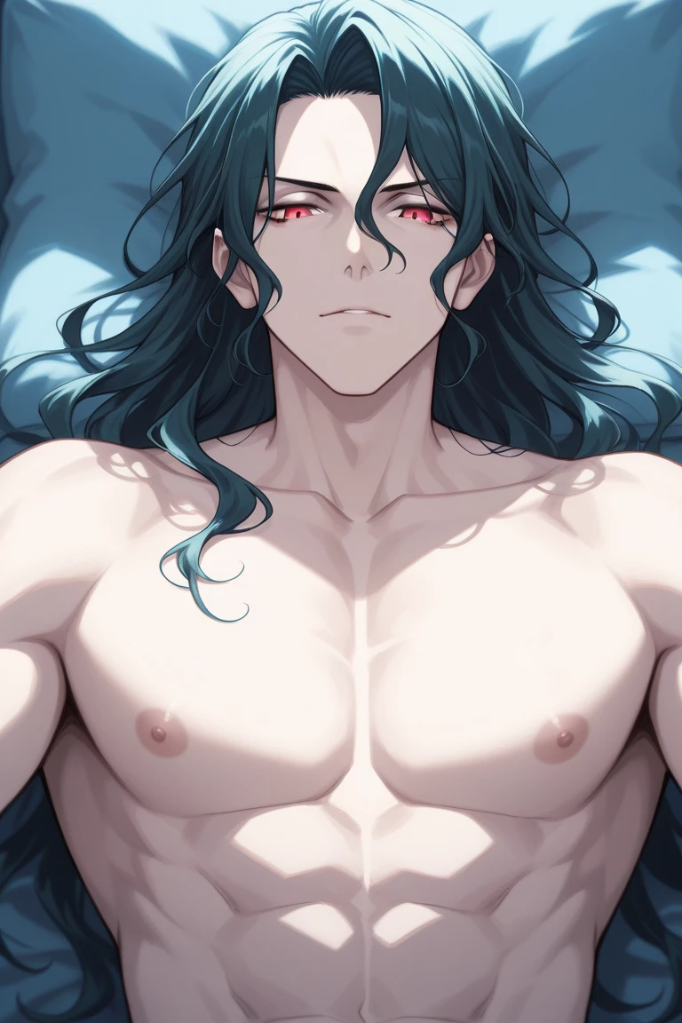 Anime cool arrogant guy, Manly face and body, water god, Black long hair with dark blue color highlights, emerald eyes, wearing black robe, in the cozy modern room, close up, sleeping beside the viewer pov, only one person