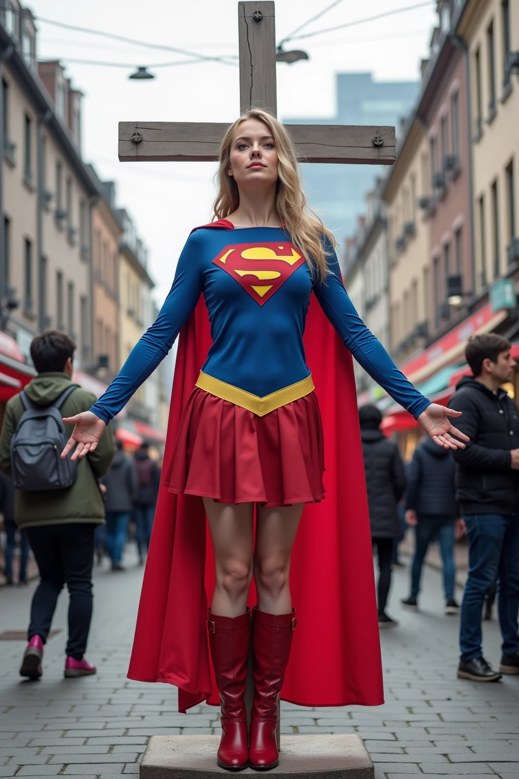 make a full shot shocked ,ashamed ,and totally embarrassed 😳🥺 supergirl as she sees she is not wearing her red skirt she is trying pull down her tunic top only wearing her white lace ruffle panties