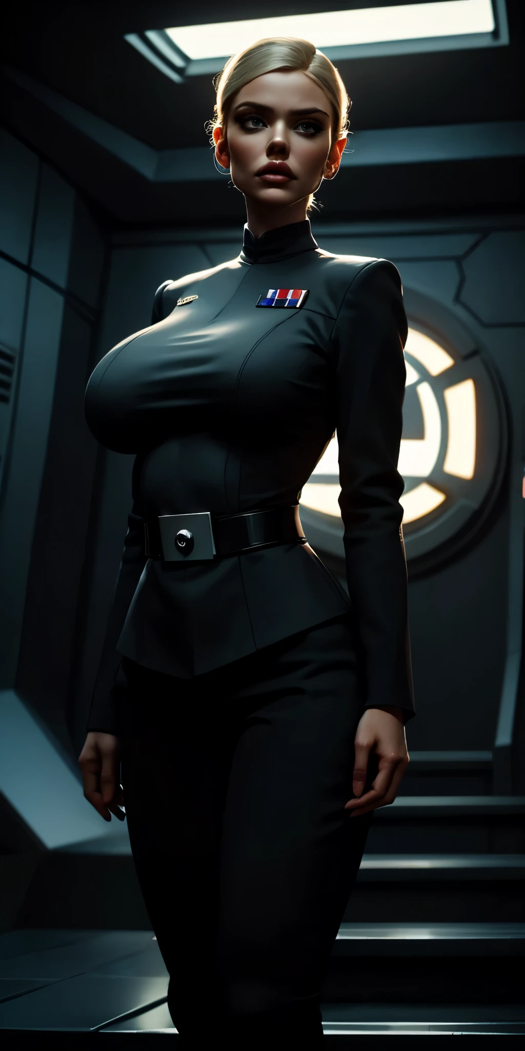 Incredibly detailed cinematic still of a 22 year old, ((EXTREMELY SAGGY MASSIVE huge breasts)), narrow waist, supermodel SKINNY body, NARROW hips, thin legs, MASSIVE Botox lips, vivid eyes, extremely detailed face, Star Wars Imperial Officer uniform, matte paint, bright lighting, standing inside an imperial space ship.