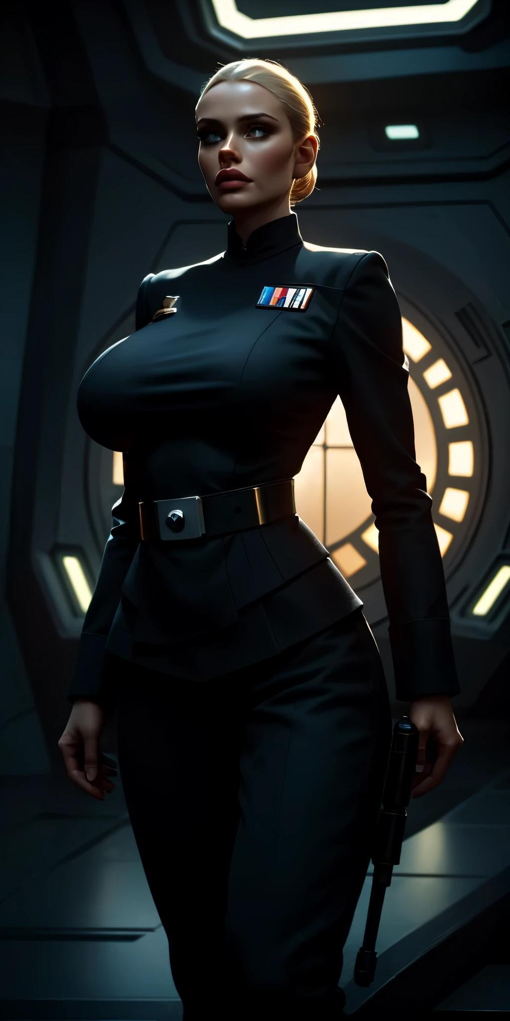 Incredibly detailed cinematic still of a 22 year old, ((EXTREMELY SAGGY MASSIVE huge breasts)), narrow waist, supermodel SKINNY body, NARROW hips, thin legs, MASSIVE Botox lips, vivid eyes, extremely detailed face, Star Wars Imperial Officer uniform, matte paint, bright lighting, standing inside an imperial space ship.