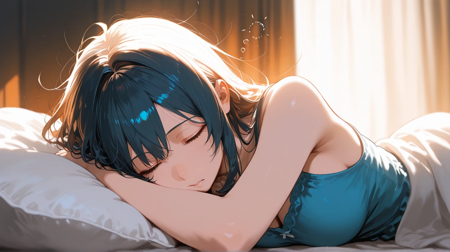 1 girl,  (((wet))), white room, indoor, (, warm, ((sweat)), (((sleeping, lay down))), close eyes, blush, white bikini,parted lips, breathe,  (from below)), (low angle view:1.3),   cinematic lighting,relaxing,white micro-bikini, beautiful longer thighs,  detailed hair, (beautiful), (ultra-intricate pupil in eyes, shiny eyes), long eyelashes,  parted lips, kawaii, cute, ( flat chest), slender, (ultra delicate and beautiful skin), insanely detailed clothes, perfect anatomy, dynamic angle, (masterpiece, best quality), (ultra-detailed 8K), (perfect design), absurdres, highres, ((blush)), (super fine illustration), ((light blue long hair))), 10 years old, long hair ((blush)), masterpiece, best quality, (amazing, , blunt bangs), high resolution, cute face, masterpiece, best quality, extremely detailed, anime, beautiful girl, bright hair, wind, solo, depth of field, masterpiece, best quality, extremely detailed, (PHOTO BACKGROUND: 1.3), SMALL BREASTS,depth of field, bokeh,

