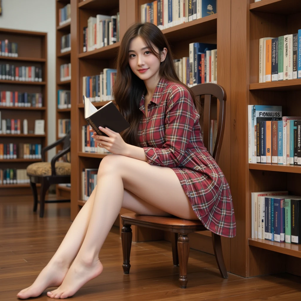 Very long hair woman reading a book in library, wearing red dress, white socks and black shoes. Sitting, Sunset,woody table, 4k