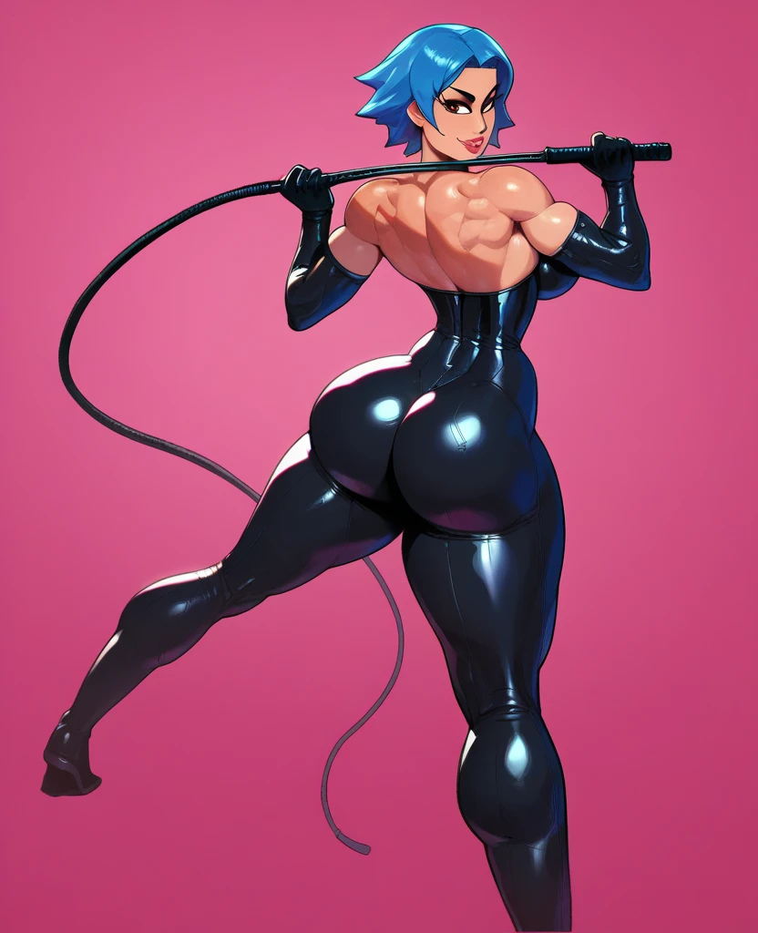 (marsim, yellow skin), solo, older female, ifbb, blue hair, beehive hair, afro, forked tail, vampiress, catwoman, cat ears, cat tail, bat wings, dark-blue fur, small midsection, narrow waist, hyper thighs, thick red lips, satin long black dress, red heels, silk elbow gloves
