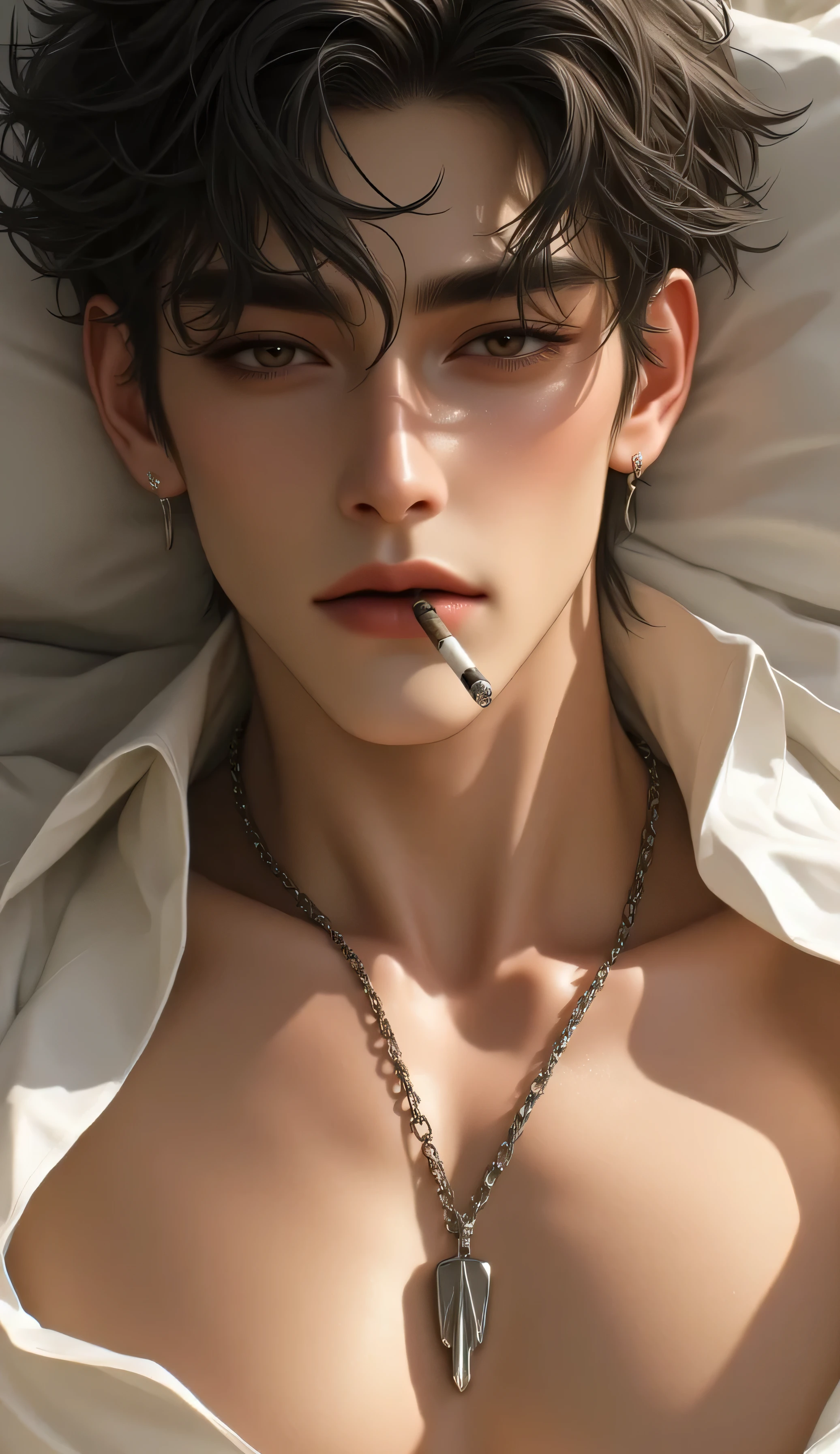 "A highly detailed and hyper-realistic illustration of an incredibly attractive young man with tousled dark hair, smoldering eyes, and flawless skin, lying back in a seductive pose. He is wearing an open white shirt with subtle rainbow light reflections, revealing part of his chest. A silver chain necklace with a pendant rests on his collarbone. A cigarette casually hangs from his lips. The lighting is soft and cinematic, casting warm shadows and highlights on his face and body. The focus is on perfect facial features, natural hand and finger structure, and glossy, high-definition textures. Soft background blur, dreamy aesthetic, ultra-sharp 4K resolution, masterpiece, trending on ArtStation."

