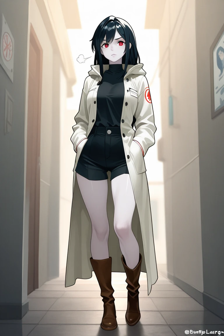 mulher white skin usando mascara branca, roupa preta, cabelos pretos, sun glasses, hood on head, se escondendo no beco, cidade cyberpunk, bare-legged, dirty feet
