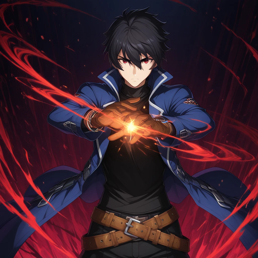 male, black armor, coat, fantasy, western sword, blue eyes, black hair, mage knight, hooded, short hair, solo, adult